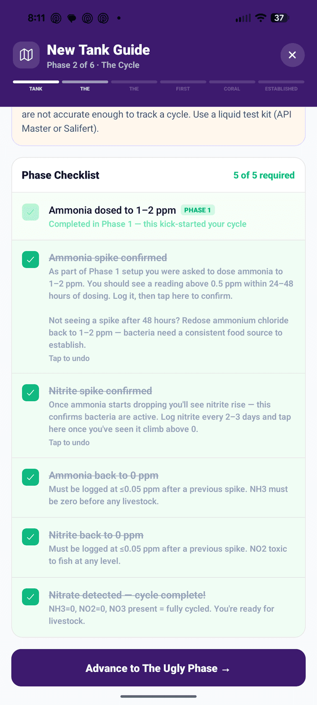 NextUpReef Phase 2 checklist showing all 5 cycle steps completed including ammonia spike, nitrite spike, both back to zero, and nitrate detected