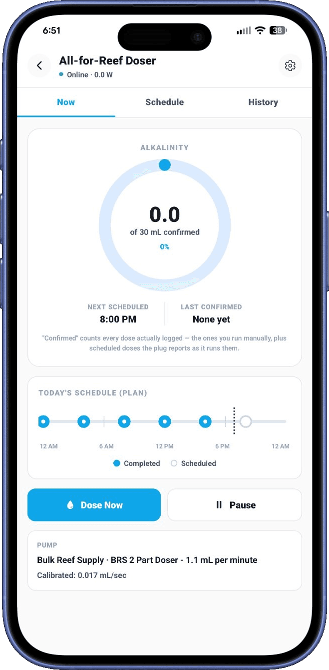 NextUpReef automated dosing dashboard showing alkalinity progress ring and daily dose schedule