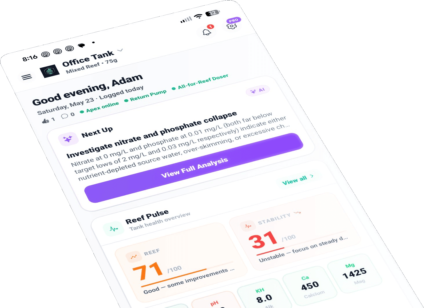NextUpReef dashboard showing AI advice, Reef Score, and water parameters