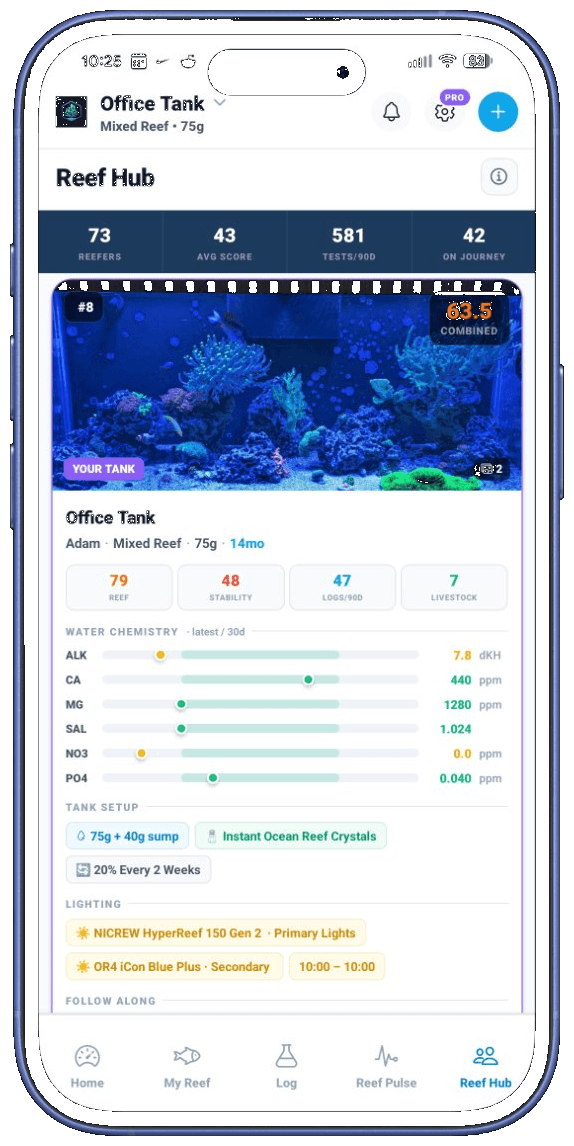 Reef Hub community leaderboard showing tank rankings and scores
