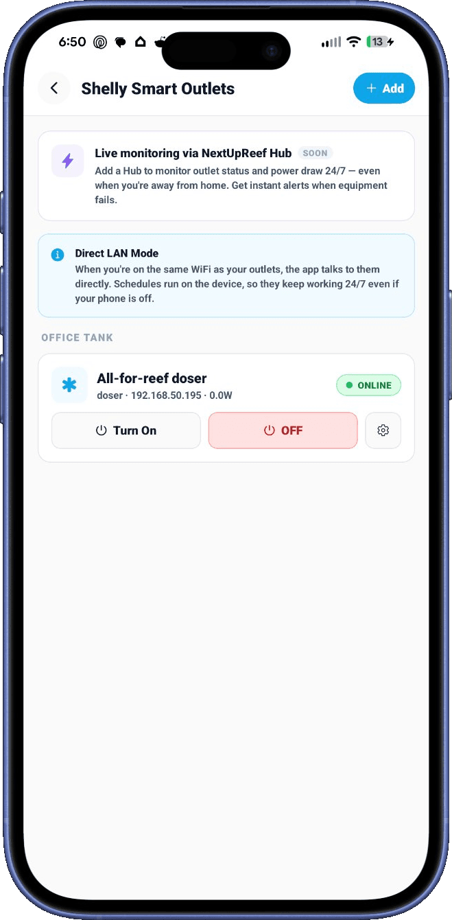 NextUpReef Shelly Smart Outlets screen showing doser outlet online with direct controls